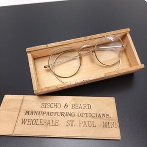Antique Sischo & Beard Optician Eye Glasses 1/10‎ 12k Gold Wooden Box